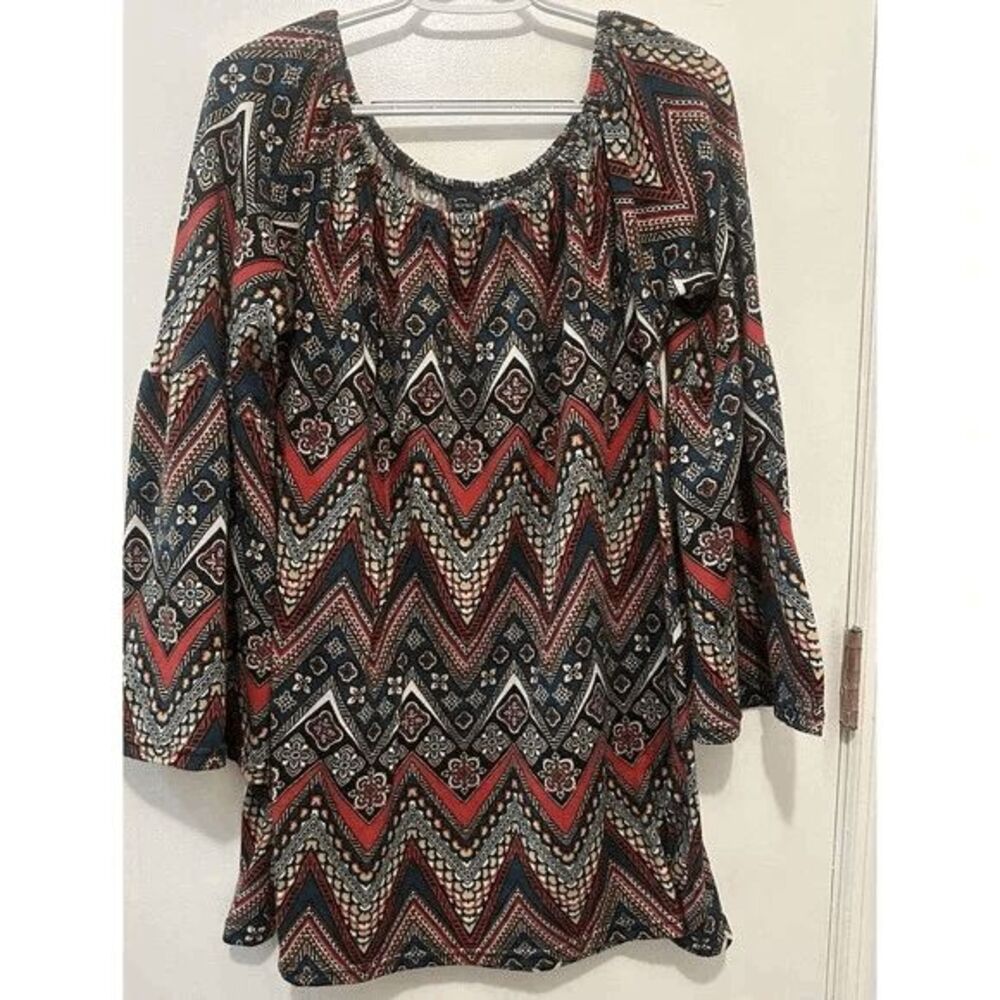 Win-Win Bell Sleeve Off Shoulder Chevron Print Multi Colored Tunic Blouse